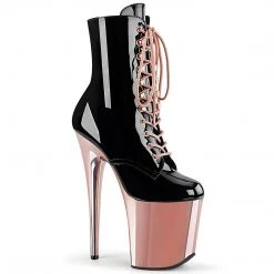 Pleaser FLAMINGO-1020 Black Patent/Rose Gold Chrome Ankle Boot