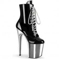 Pleaser FLAMINGO-1020 Black Patent/Silver Chrome Ankle Boot Boots