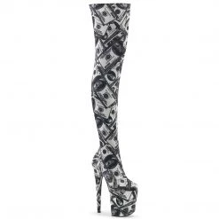 Pleaser FLAMINGO-3000DP White-Black Stretch Fabric/White-Black Fabric Thigh Boot