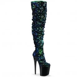 Pleaser FLAMINGO-3004 Green Iridescent Sequins/Black Thigh Boot