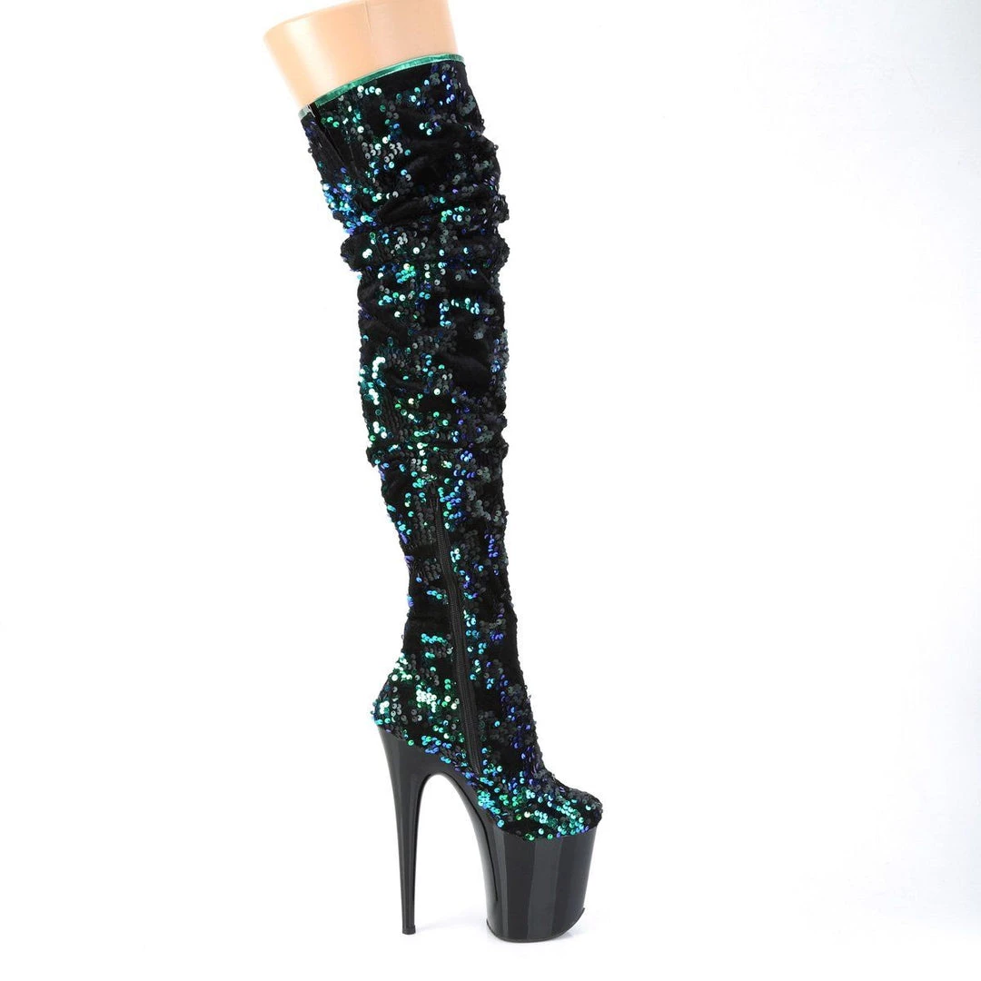 Pleaser FLAMINGO-3004 Green Iridescent Sequins/Black Thigh Boot 7 Pleaser FLAMINGO-3004 Green Iridescent Sequins/Black Thigh Boot
