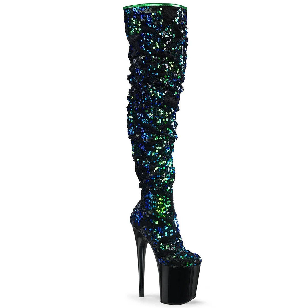 Pleaser FLAMINGO-3004 Green Iridescent Sequins/Black Thigh Boot 8 Pleaser FLAMINGO-3004 Green Iridescent Sequins/Black Thigh Boot