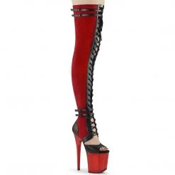 Pleaser FLAMINGO-3027 Red Faux Suede-Black Faux Leather/Frosted Red Thigh Highs