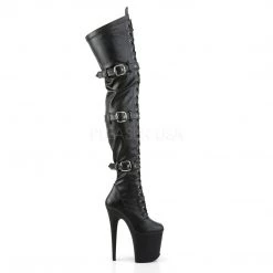 Pleaser Boots FLAMINGO-3028 Black Stretch Faux Leather Thigh Boot