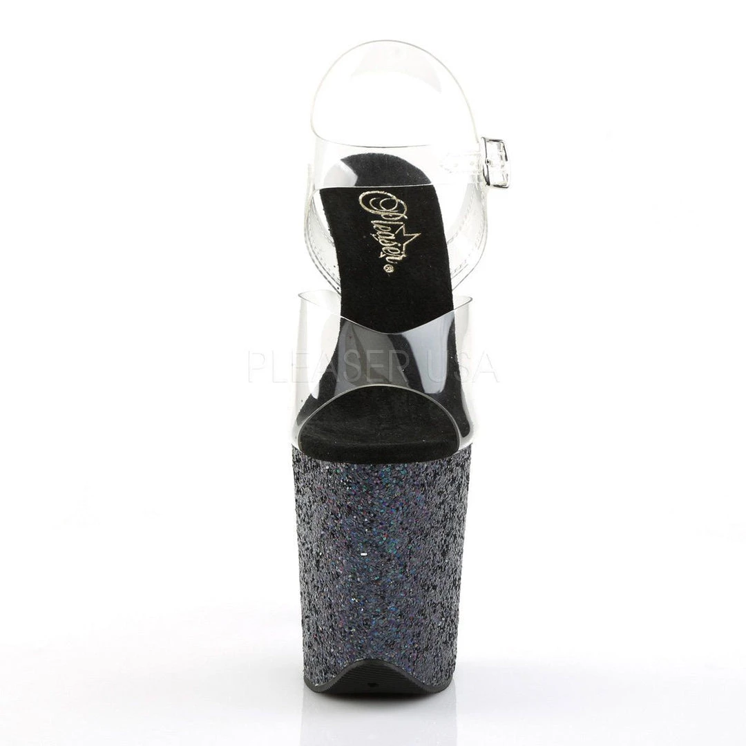 Pleaser Shoes FLAMINGO-808LG Clear/Black Holo Glitter Platform Sandal 4 Pleaser Shoes FLAMINGO-808LG Clear/Black Holo Glitter Platform Sandal