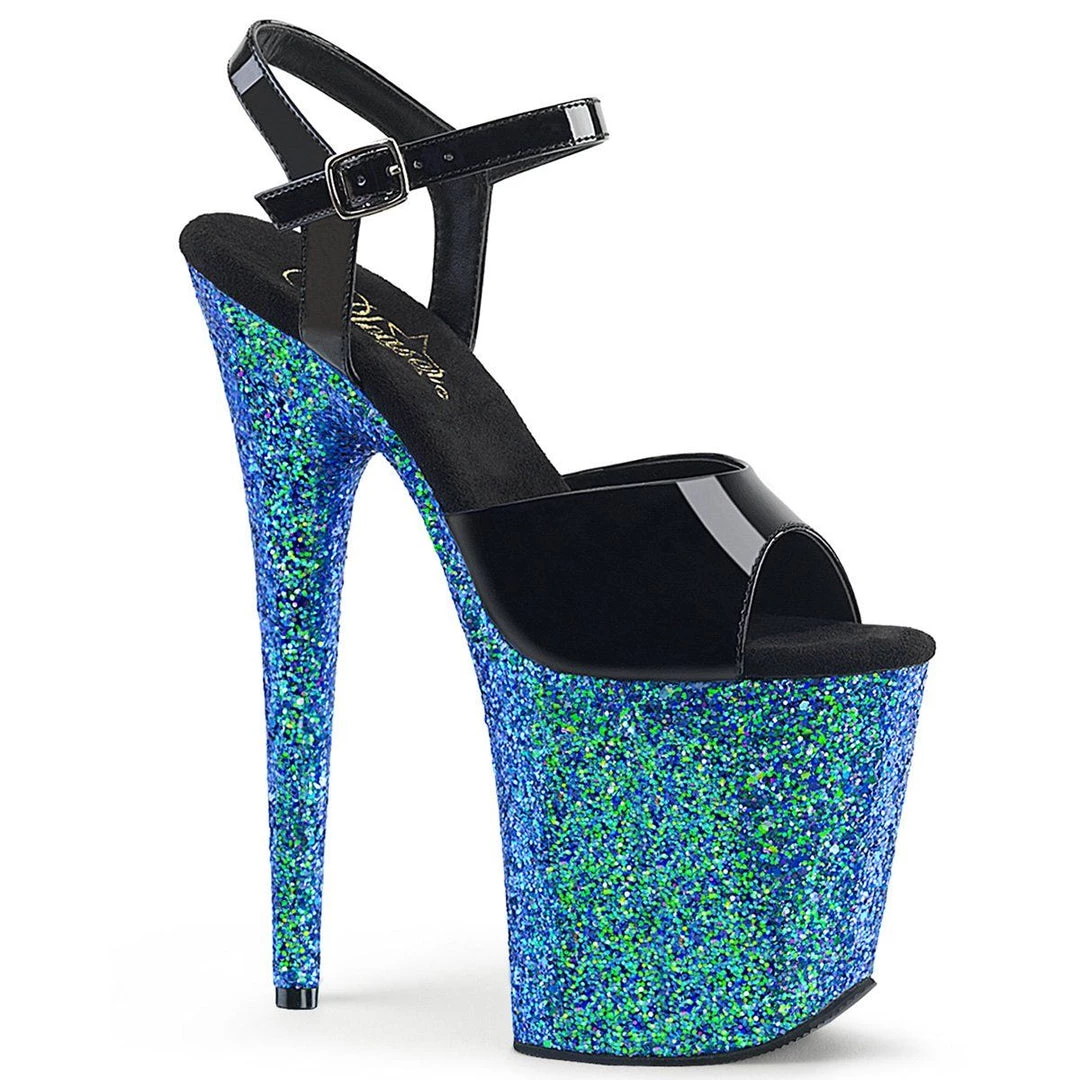 Pleaser FLAMINGO-809LG Black Patent/Blue Multi Glitter Platform Sandal 3 Pleaser FLAMINGO-809LG Black Patent/Blue Multi Glitter Platform Sandal