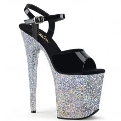Pleaser FLAMINGO-809LG Black Patent/Silver Multi Glitter Platform Sandal Shoes
