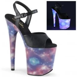 Pleaser FLAMINGO-809REFL Black Faux Leather/Purple-Blue Reflective Platform Sandal