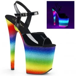 Pleaser FLAMINGO-809WR Black Patent/Rainbow Glitter Platform Sandal