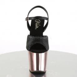 Pleaser HEX-709 Black Quilted Faux Leather/Rose Gold Chrome Platform Sandal