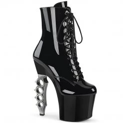 Pleaser IRONGRIP-1020 Black Patent/ Black -Silver Brushed Boot Boots