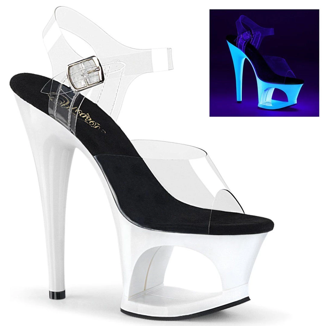 Pleaser Shoes MOON-708UV Clear/Neon White Platform Sandal 8 Pleaser Shoes MOON-708UV Clear/Neon White Platform Sandal