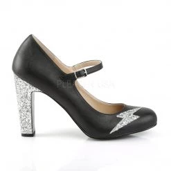 Pleaser Pink Label QUEEN-02 Black Faux Leather-Silver Glitter 12 Pleaser Pink Label QUEEN-02 Black Faux Leather-Silver Glitter