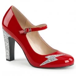 Pleaser Pink Label Shoes QUEEN-02 Red Patent-Silver Glitter