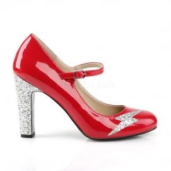 Pleaser Pink Label Shoes QUEEN-02 Red Patent-Silver Glitter