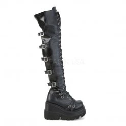 Demonia Boots SHAKER-350 Black Vegan Leather-Stretch Knee Boot