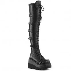Demonia Boots SHAKER-350 Black Vegan Leather-Stretch Knee Boot