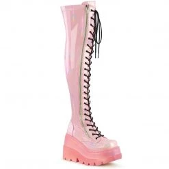 Demonia SHAKER-374-1 Baby Pink/Peach Hologram Stretch Patent Thigh Boot