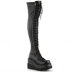 Demonia SHAKER-374 Black Stretch Vegan Leather Thigh Boot New Arrivals