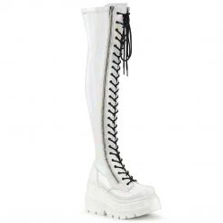 Demonia SHAKER-374 White Hologram Stretch Patent Thigh Boot