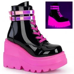 Demonia SHAKER-52 Black Patent-UV Neon Pink Ankle Boot Boots