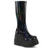 Demonia SHAKER-65 Stretch Black Patent Holo Knee Boot Boots