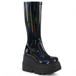 Demonia SHAKER-65 Stretch Black Patent Holo Knee Boot Boots