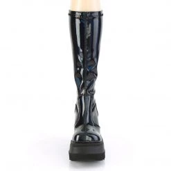 Demonia SHAKER-65 Stretch Black Patent Holo Knee Boot Boots