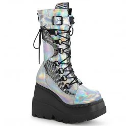 Demonia Boots SHAKER-70 Silver Holo Vegan Leather- Black Fishnet Mid-Calf Boot
