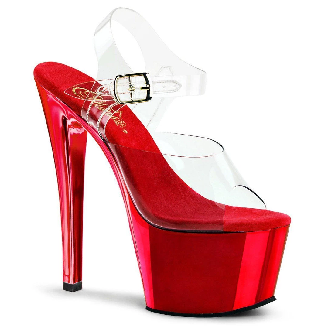 Pleaser Shoes SKY-308 Clear/Red Chrome Platform Sandal 8 Pleaser Shoes SKY-308 Clear/Red Chrome Platform Sandal