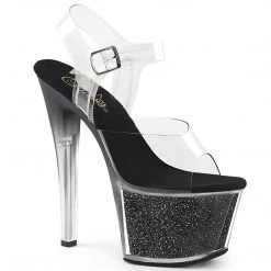Pleaser SKY-308G-T Clear/Black Glitter Inserts Platform Sandal Shoes