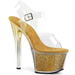 Pleaser SKY-308G-T Clear/Gold Multi Glitter Inserts Platform Sandal Shoes