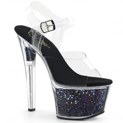 Pleaser SKY-308GF Clear/Black Multi Glitter Platform Sandal Shoes