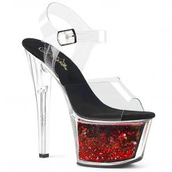 Pleaser Shoes SKY-308WHG Clear/Black-Red Glitter Platform Sandal 13 Pleaser Shoes SKY-308WHG Clear/Black-Red Glitter Platform Sandal