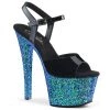 Pleaser SKY-309LG Black Patent/Blue Multi Glitter Platform Sandal