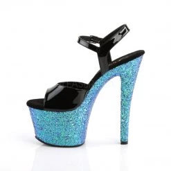 Pleaser SKY-309LG Black Patent/Blue Multi Glitter Platform Sandal