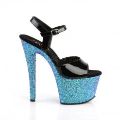 Pleaser SKY-309LG Black Patent/Blue Multi Glitter Platform Sandal