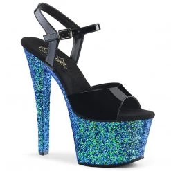 Pleaser SKY-309LG Black Patent/Blue Multi Glitter Platform Sandal