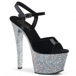 Pleaser Shoes SKY-309LG Black Patent/Silver Multi Glitter Platform Sandal