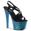 Pleaser SKY-330LG Black Patent/Blue Multi Glitter Platform Sandal Shoes