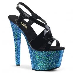 Pleaser SKY-330LG Black Patent/Blue Multi Glitter Platform Sandal Shoes