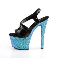 Pleaser SKY-330LG Black Patent/Blue Multi Glitter Platform Sandal Shoes