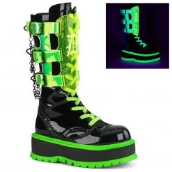 Demonia SLACKER-156 Black Patent-UV Neon Green Mid-Calf Boot