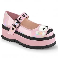 Demonia Shoes SLACKER-27 Baby Pink Hologram Mary Janes