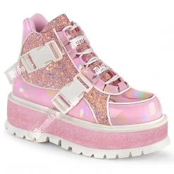 Demonia SLACKER-50 Baby Pink Holographic Patent-Pink Multi Glitter Ankle Boot New Arrivals