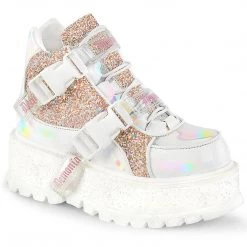 Demonia SLACKER-50 White Holographic Patent-Baby Pink Multi Glitter Ankle Boot New Arrivals