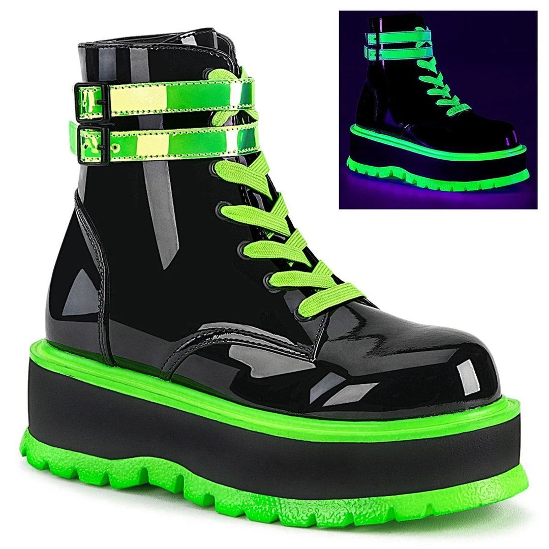 Demonia SLACKER-52 Black Patent-UV Iridescent Green Ankle Boot Coming Soon (Pre-Order) 8 Demonia SLACKER-52 Black Patent-UV Iridescent Green Ankle Boot Coming Soon (Pre-Order)