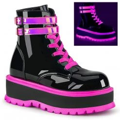 Demonia SLACKER-52 Black Patent-UV Iridescent Pink Ankle Boot