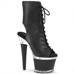 Pleaser SPECTATOR-1016 Black Faux Leather/Clear Ankle Boot