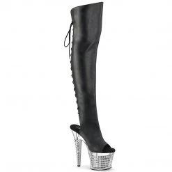 Pleaser New Arrivals SPECTATOR-3019 Black Faux Leather/Clear-Silver Chrome Thigh Boot